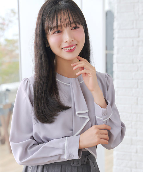 【2WAY】取り外し可能な配色パイピングボウタイブラウス