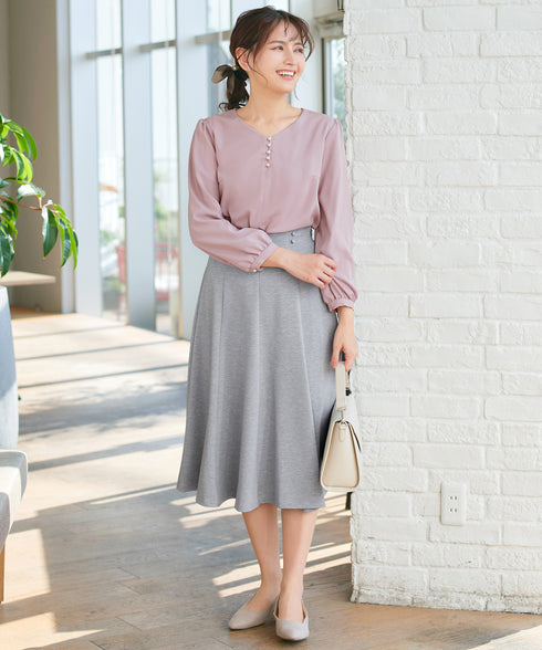 【スマート裏起毛】パールボタンブラウス