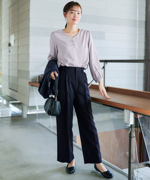 【スマート裏起毛】パールボタンブラウス