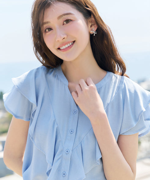 デニム調フリルブラウス