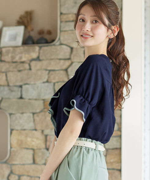 配色パイピングボウタイブラウス