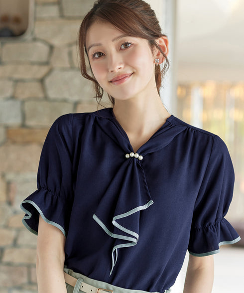 配色パイピングボウタイブラウス