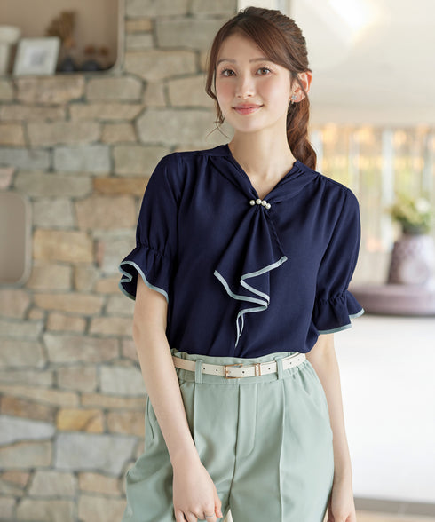 配色パイピングボウタイブラウス