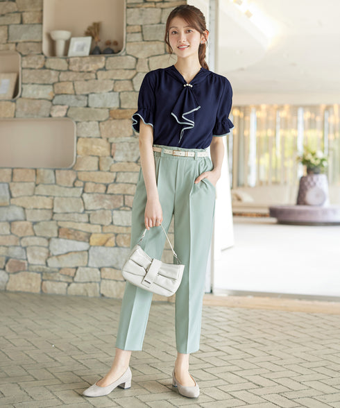 配色パイピングボウタイブラウス