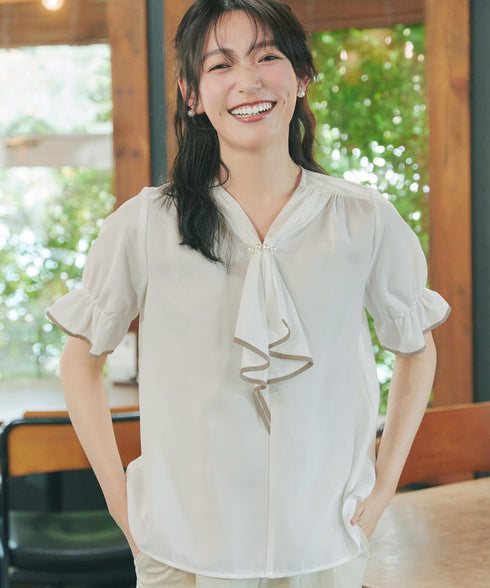 配色パイピングボウタイブラウス