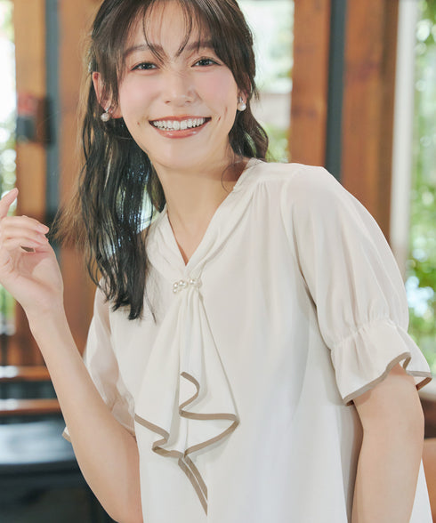 配色パイピングボウタイブラウス