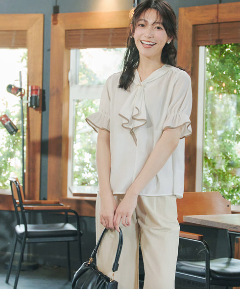 配色パイピングボウタイブラウス