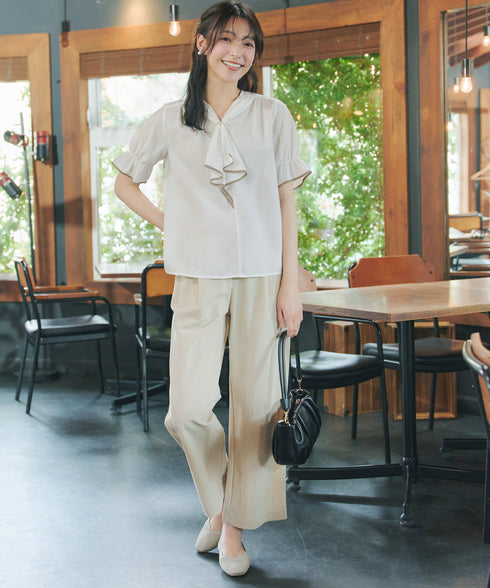 配色パイピングボウタイブラウス