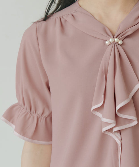 配色パイピングボウタイブラウス