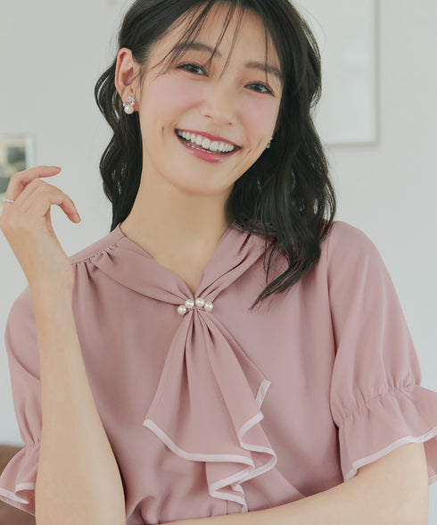 配色パイピングボウタイブラウス
