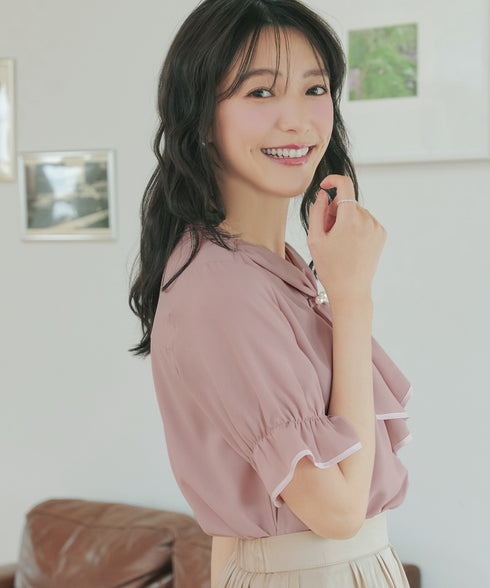 配色パイピングボウタイブラウス