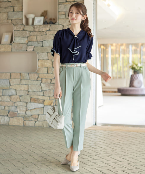 配色パイピングボウタイブラウス