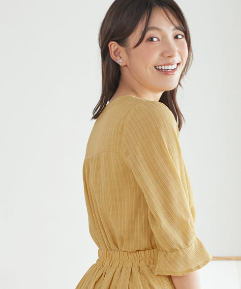 【セットアップ対応】ドビーチェックタックパフ袖ブラウス