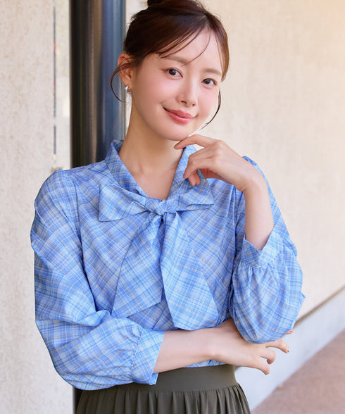 リボンタイチェック柄シャツ