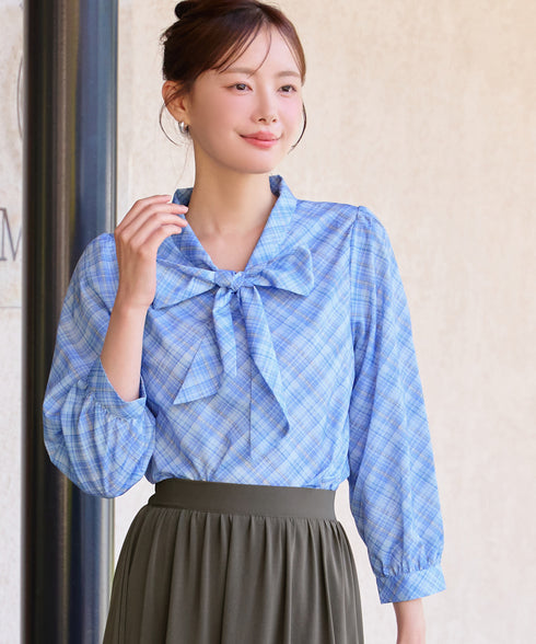 リボンタイチェック柄シャツ