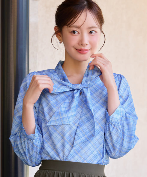 リボンタイチェック柄シャツ