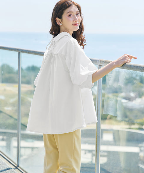綿混ローン袖バルーンブラウス