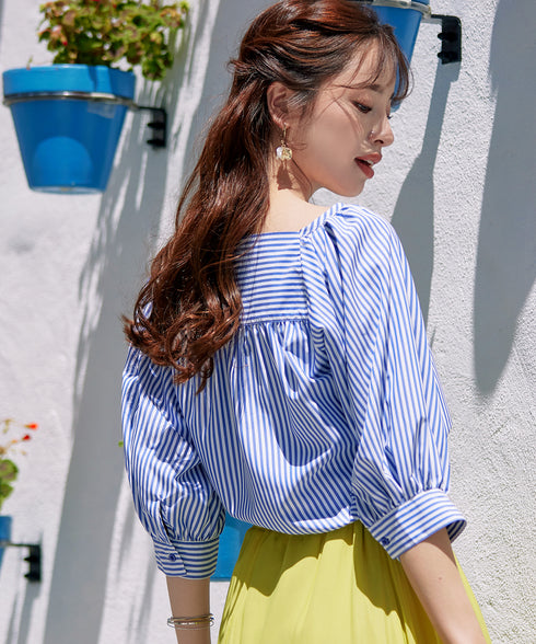 【アウトレット】ストライプパフスリーブブラウス