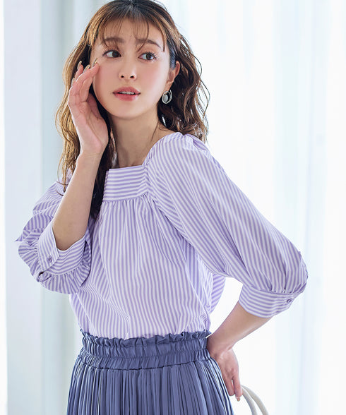 【アウトレット】ストライプパフスリーブブラウス