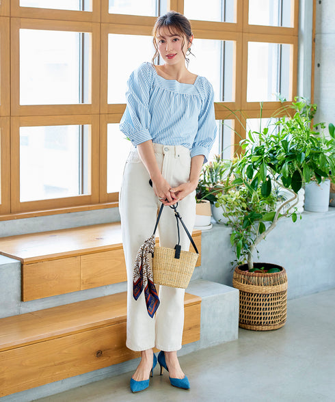 【アウトレット】ストライプパフスリーブブラウス