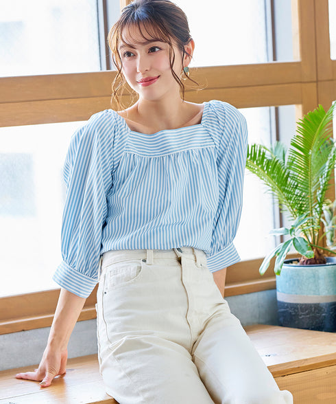 【アウトレット】ストライプパフスリーブブラウス