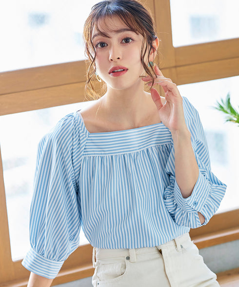 【アウトレット】ストライプパフスリーブブラウス