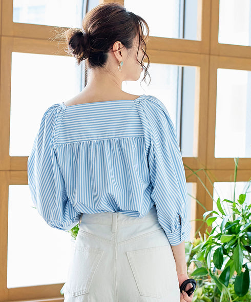 【アウトレット】ストライプパフスリーブブラウス