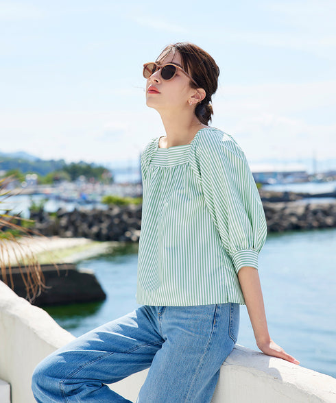 【アウトレット】ストライプパフスリーブブラウス