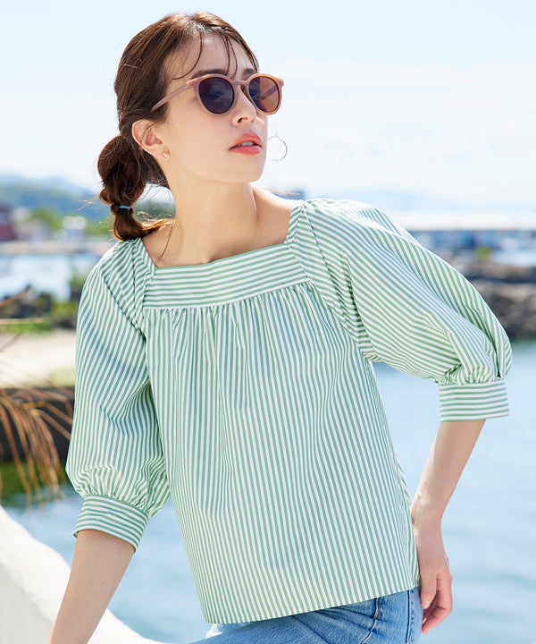 【アウトレット】ストライプパフスリーブブラウス