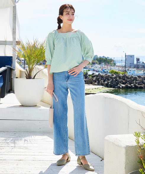 【アウトレット】ストライプパフスリーブブラウス