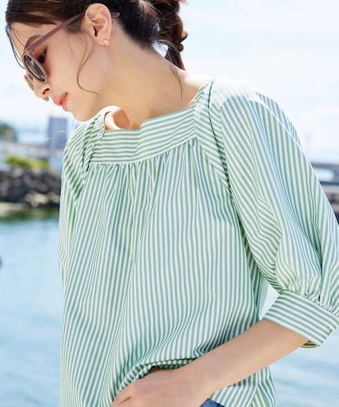 【アウトレット】ストライプパフスリーブブラウス