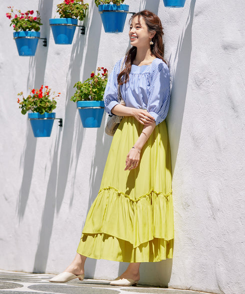 【アウトレット】ストライプパフスリーブブラウス