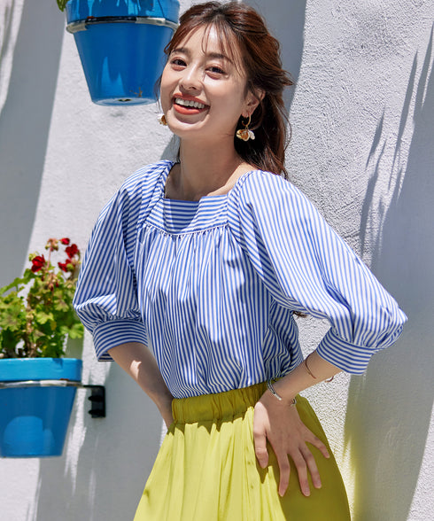 【アウトレット】ストライプパフスリーブブラウス