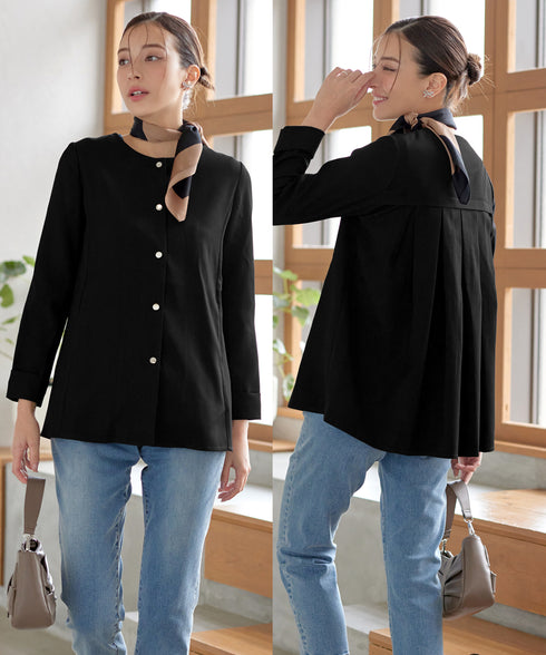 ノーカラー後ろタックフレアコート