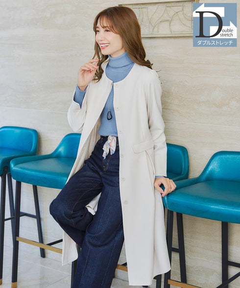 ダブルストレッチ│ノーカラーAラインコート