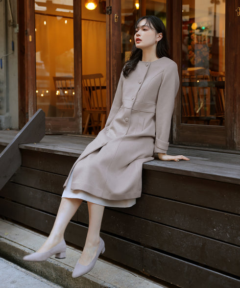 【ウール95%】ノーカラー包みボタンAラインコート