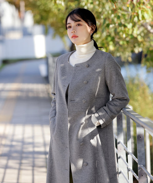 【ウール95%】ノーカラー包みボタンAラインコート