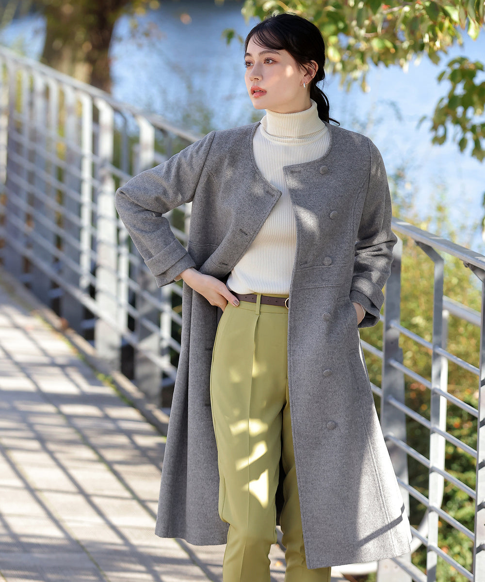 ウール95%】ノーカラー包みボタンAラインコート – Tiaclasse