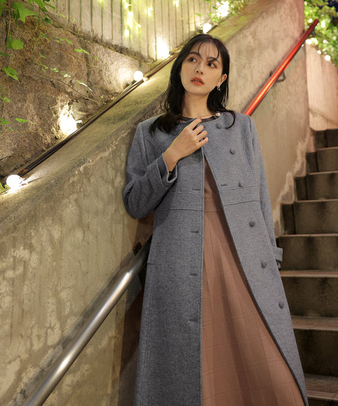 【ウール95%】ノーカラー包みボタンAラインコート