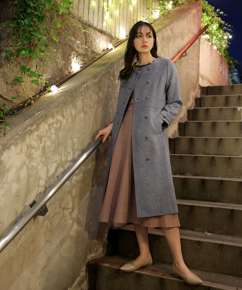 【ウール95%】ノーカラー包みボタンAラインコート