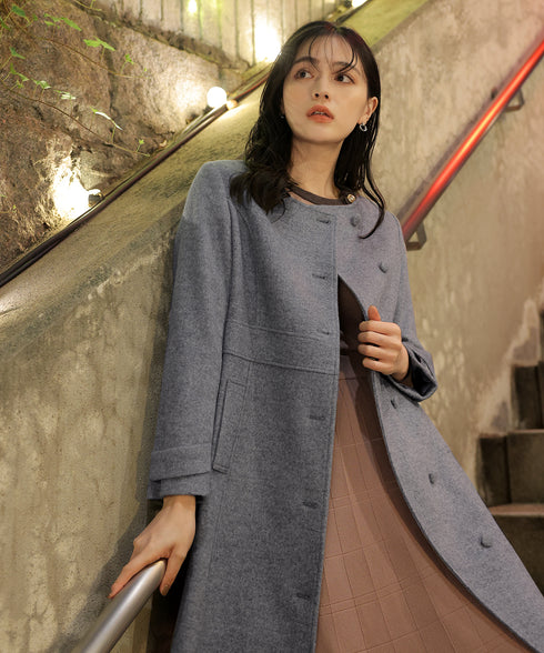 【ウール95%】ノーカラー包みボタンAラインコート