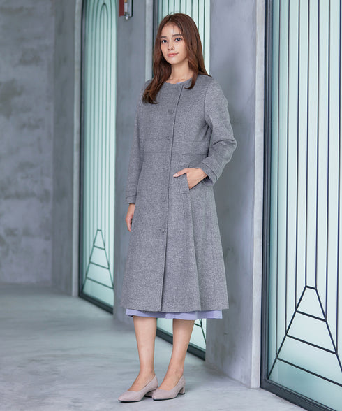 【ウール95%】ノーカラー包みボタンAラインコート