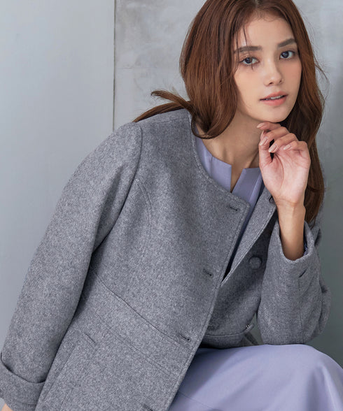 【ウール95%】ノーカラー包みボタンAラインコート