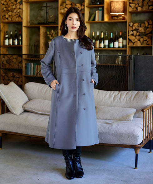 【ウール95%】ノーカラー包みボタンAラインコート