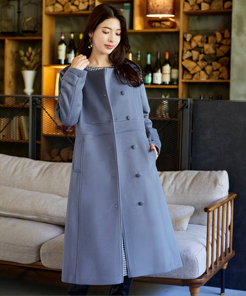 【ウール95%】ノーカラー包みボタンAラインコート