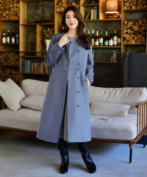 【ウール95%】ノーカラー包みボタンAラインコート