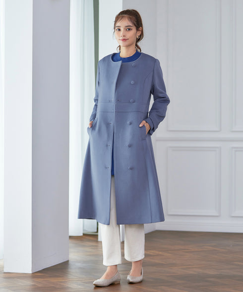 【ウール95%】ノーカラー包みボタンAラインコート