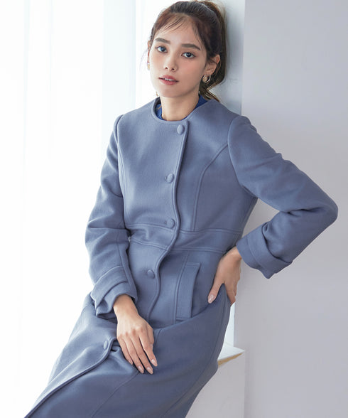 【ウール95%】ノーカラー包みボタンAラインコート