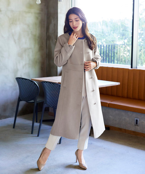 【ウール95%】ノーカラー包みボタンAラインコート