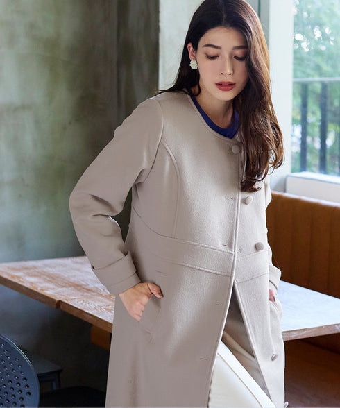 【ウール95%】ノーカラー包みボタンAラインコート